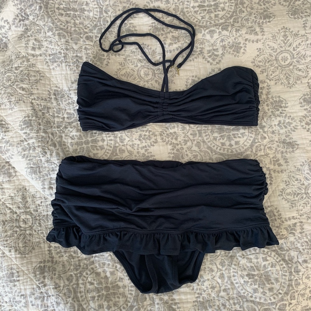 Juicy Couture Navy Blue Bandeau Bikini Set with Ruffled Skirted Bottom
